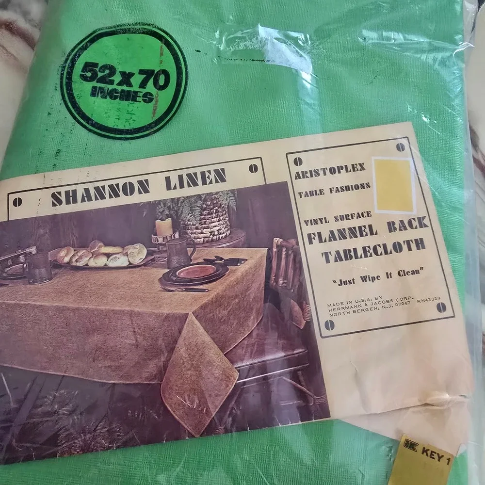Vintage Shannon Linen Aristoplex Green Vinyl Flannel Back Tablecloth 52x70 New